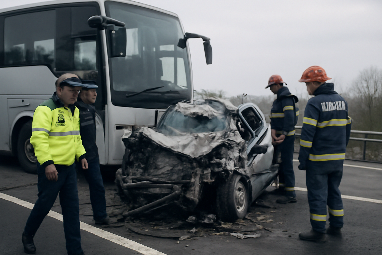 Autocar cu pasageri lovește o mașină, vehiculul complet distrus