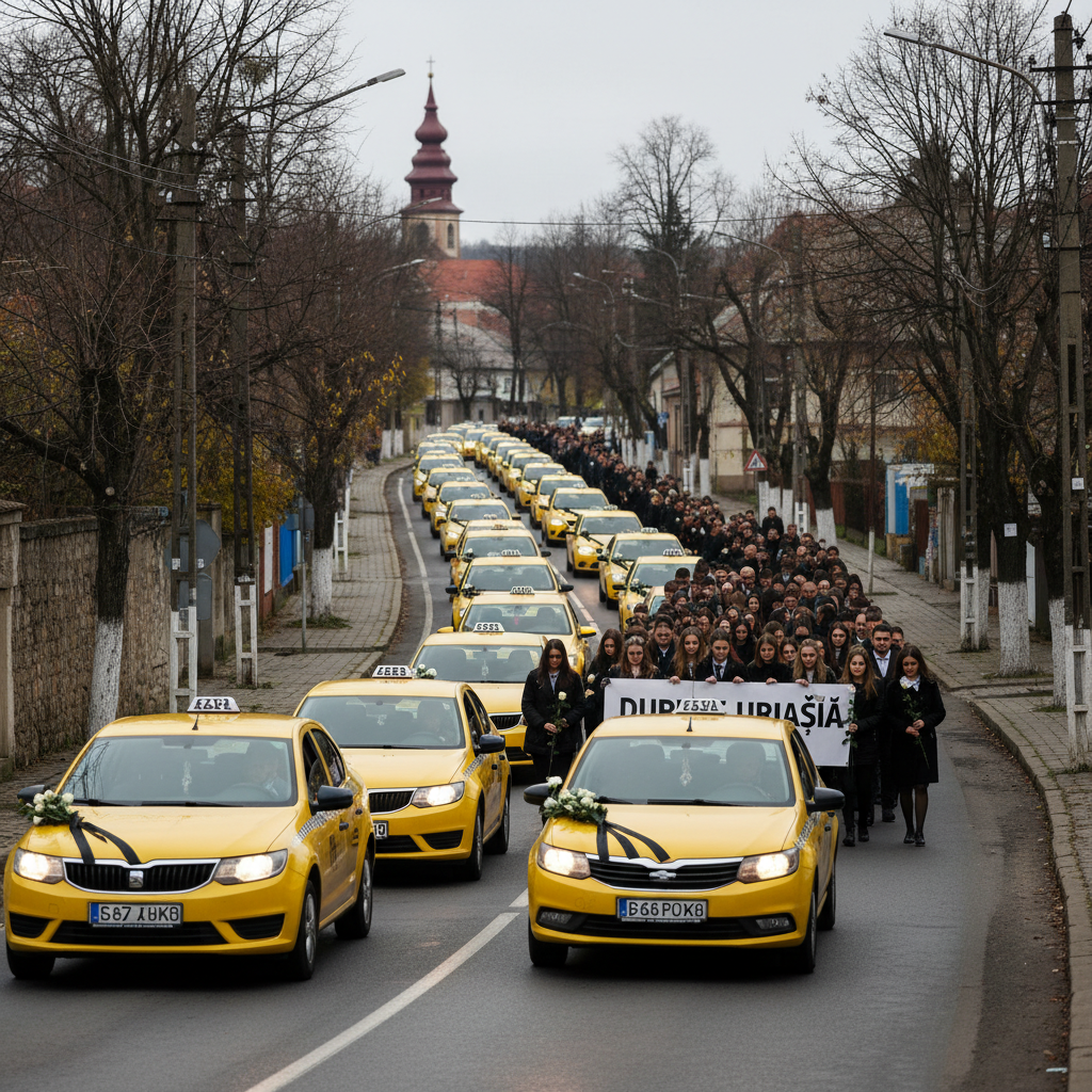 Durere imensă la Mioveni - Zeci de taxiuri și colegi însoțesc pe ultimul drum taximetristul ucis