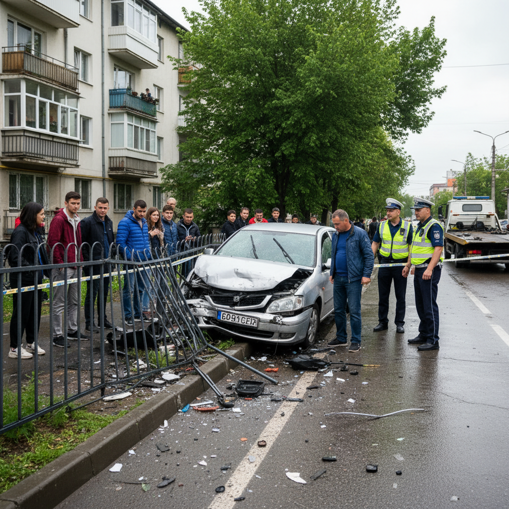 Mașină lovită și aruncată într-un gard